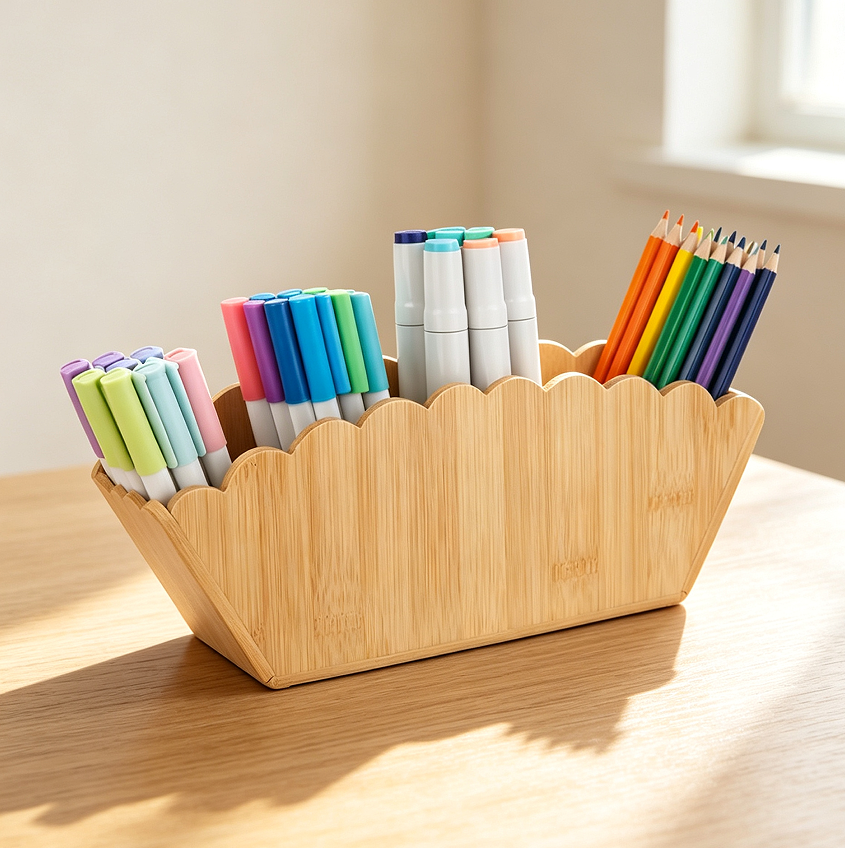 12 Bamboo 4-Slot Scalloped Desk Organiser - Image 1