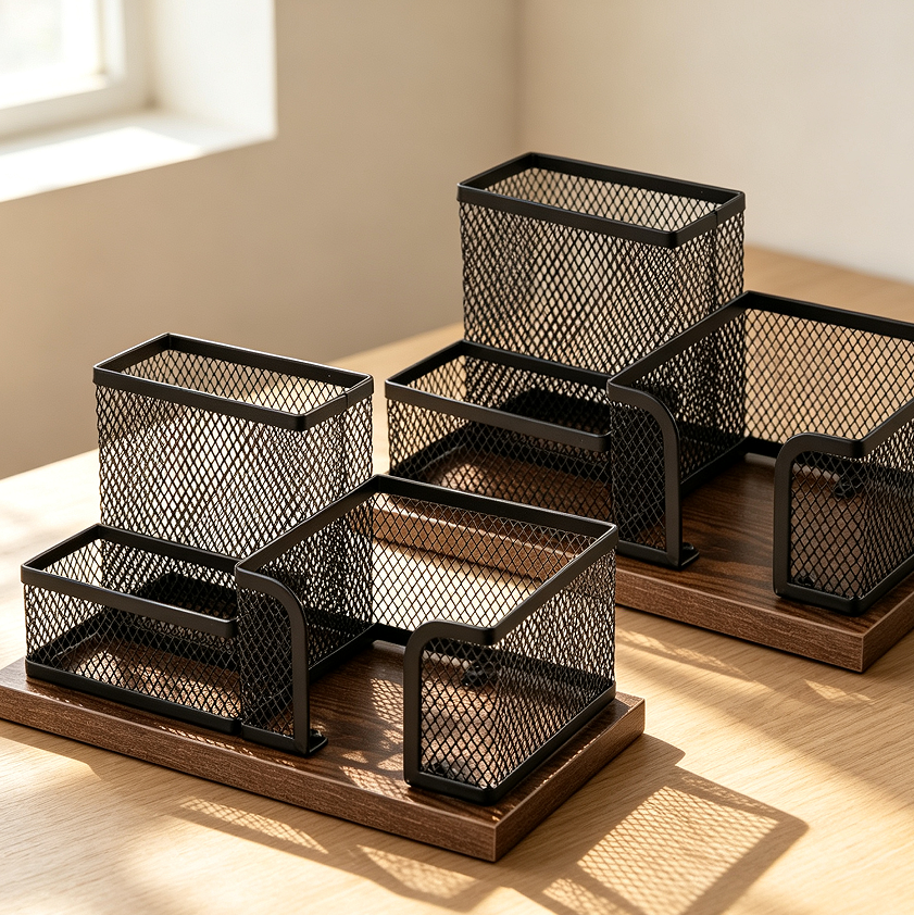 17 Antique Wood Mesh 3-Compartment Tidy - Image 1