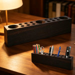 Walnut 15-Hole Desk Pencil Organiser
