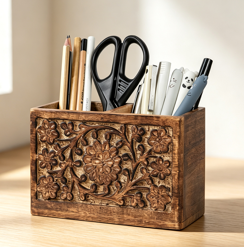 9 Mango Wood 2-Slot Desk Tidy - Image 1